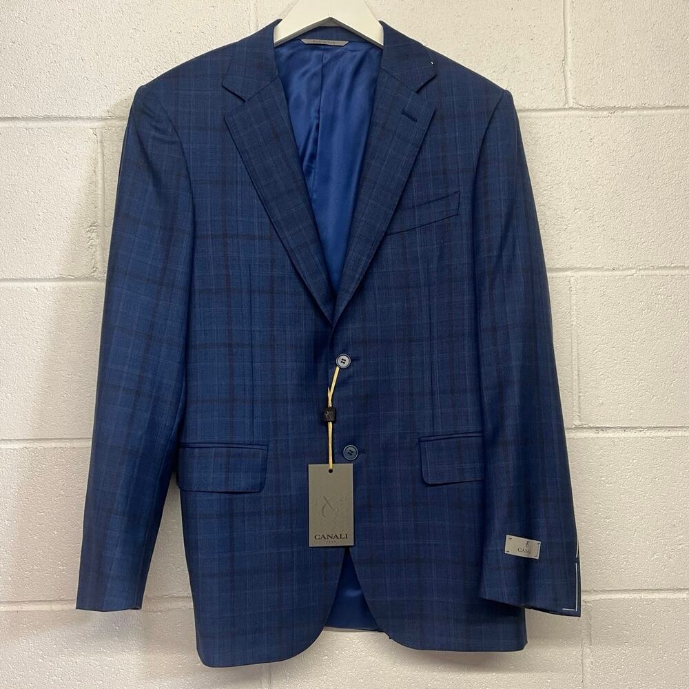 NEW 2 PC SUIT $1995 Canali Sz 38 EU 48 blue check plaid print sport coat blazer - Picture 2 of 13
